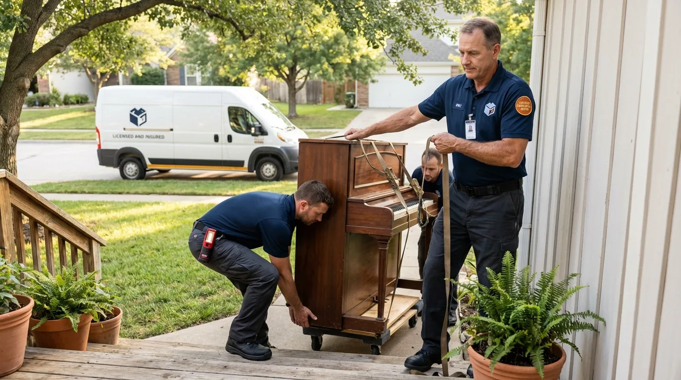 Licensed piano movers securing grand piano in Nicollet, MN
