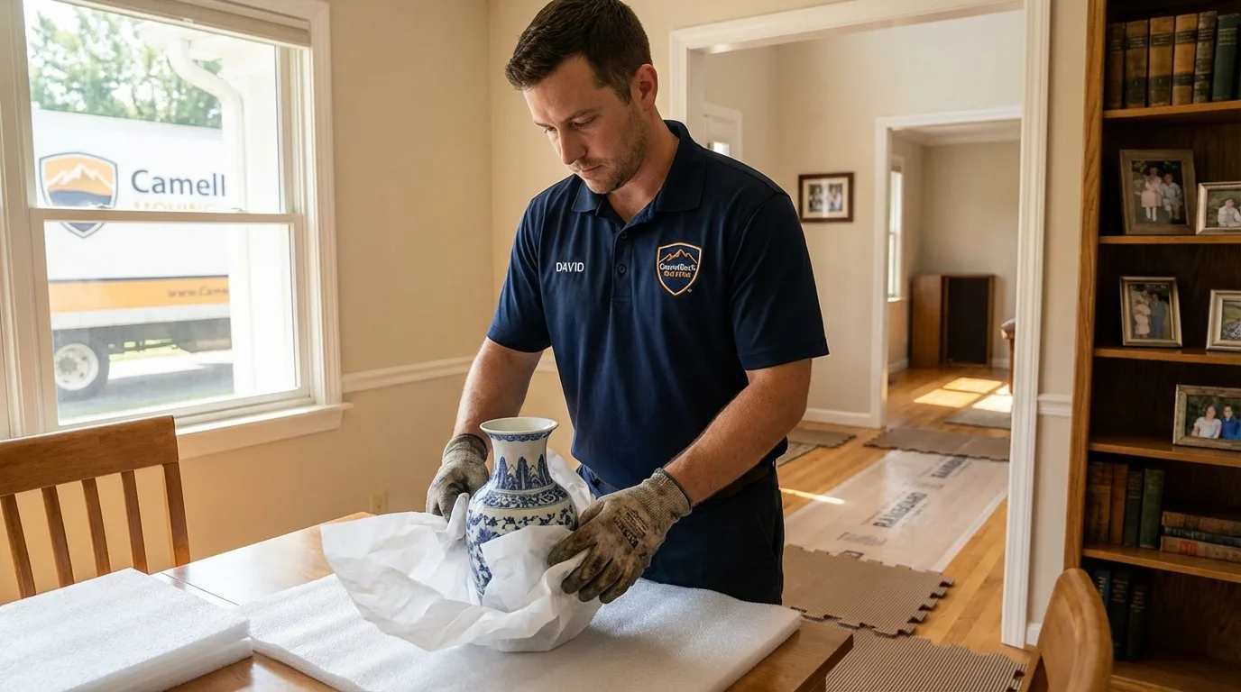 Professional crew carefully wrapping antique vase for senior downsizing move in Nicollet, MN